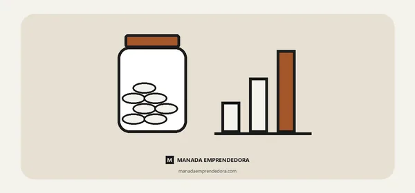 Ilustración de un frasco con monedas y tres barras que crecen